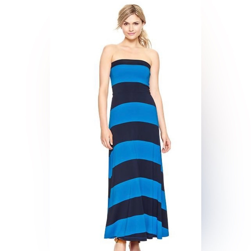 Blue stripe strapless dress